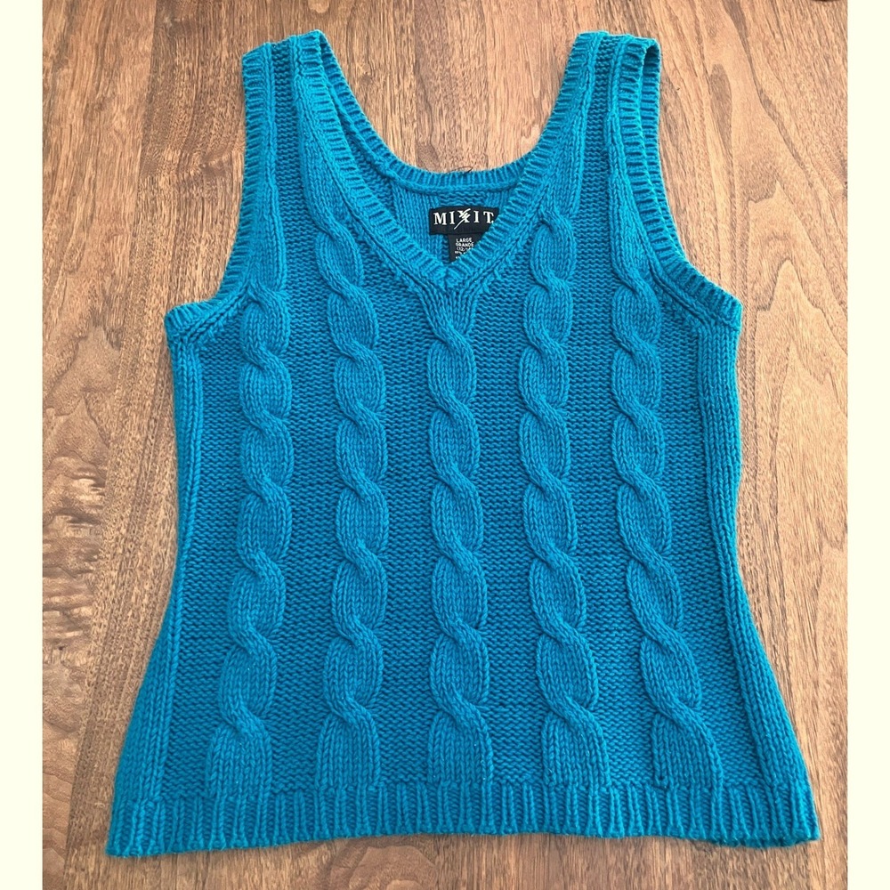 Mixit Womens‎ Teal Blue Cable Knit Sweater Vest V-Neck Cotton Blend Large 12-14